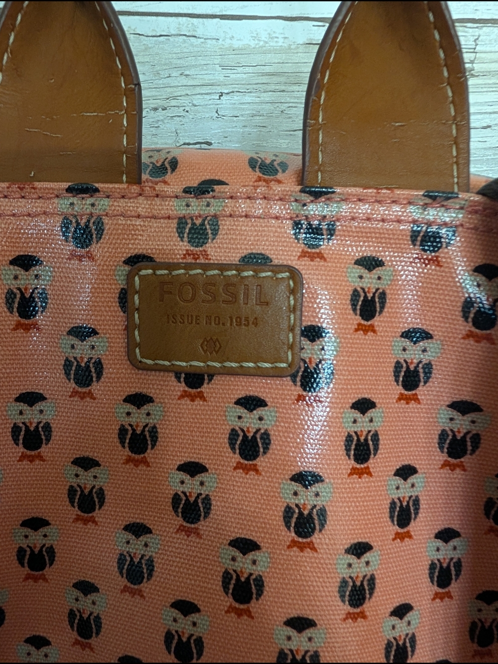 Fossil Pink Patterned Backpack with Brown Trim - Picture 3 of 4